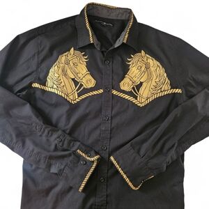 BABEWEAR Black Gold Horse Design Men's Button UpShirt Beverly Hills Polo  Medium